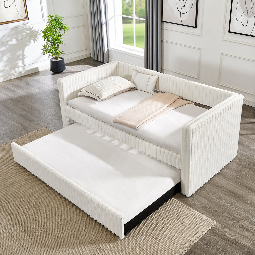 Twin Size Daybed, Upholstered sofa bed,The bottom pulls out to form a bed ,Plaid corduroy fabric(86"*43.5"*34")