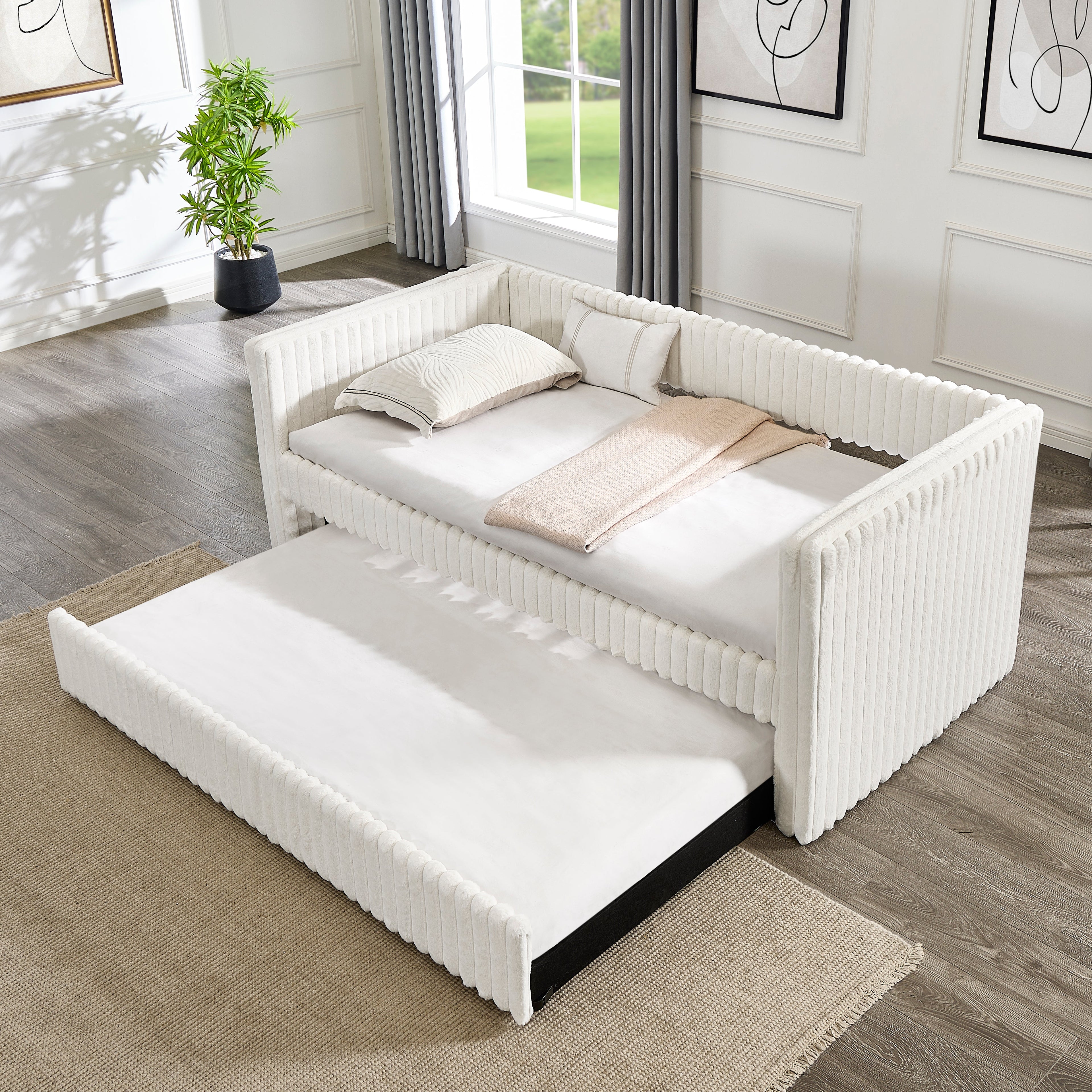 Twin Size Daybed, Upholstered sofa bed,The bottom pulls out to form a bed ,Plaid corduroy fabric(86"*43.5"*34")