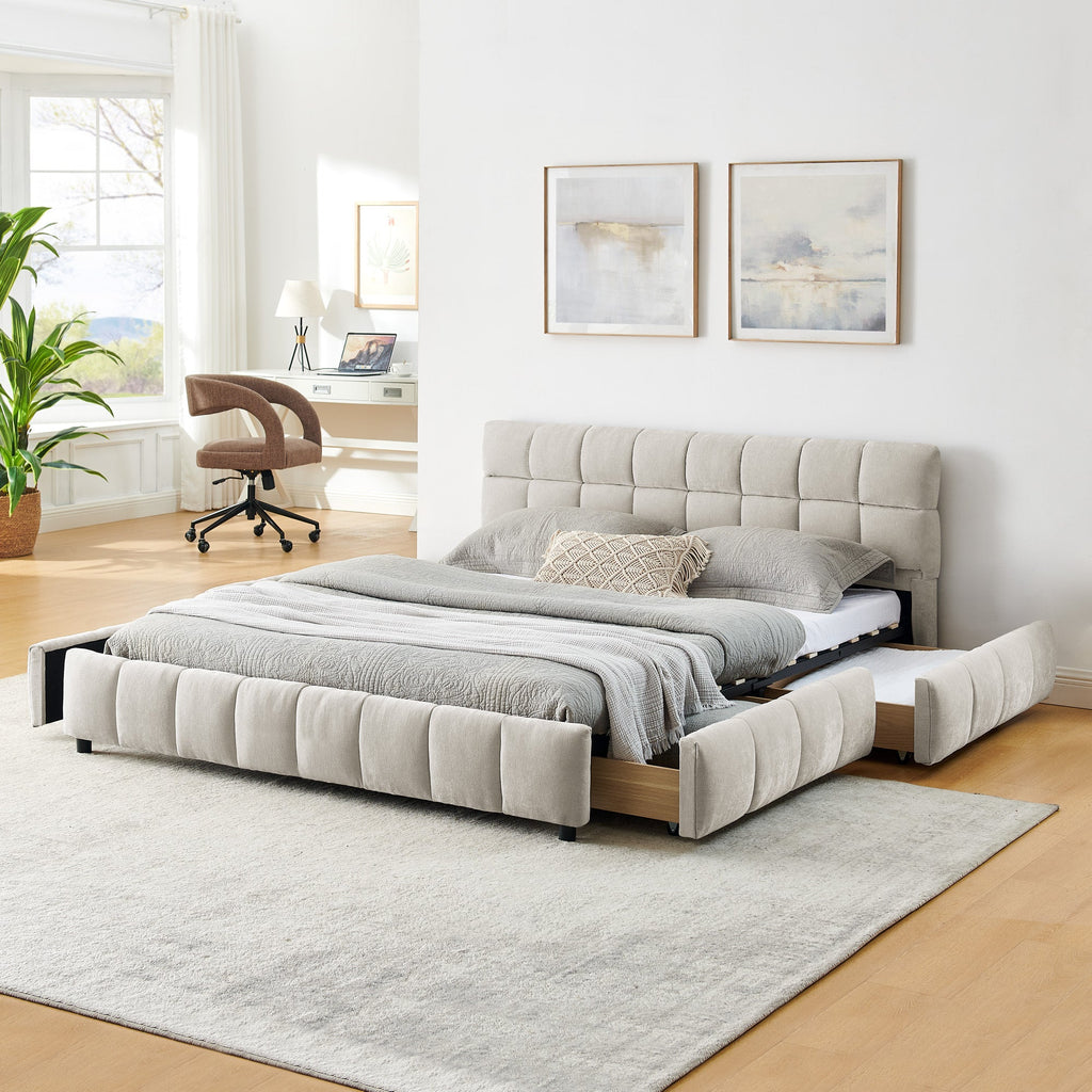 Queen Size Upholstered Bed ,comfortable upholstered bed frame, Chenille fabric, with headboard and solid bed frame. With drawer for storage
