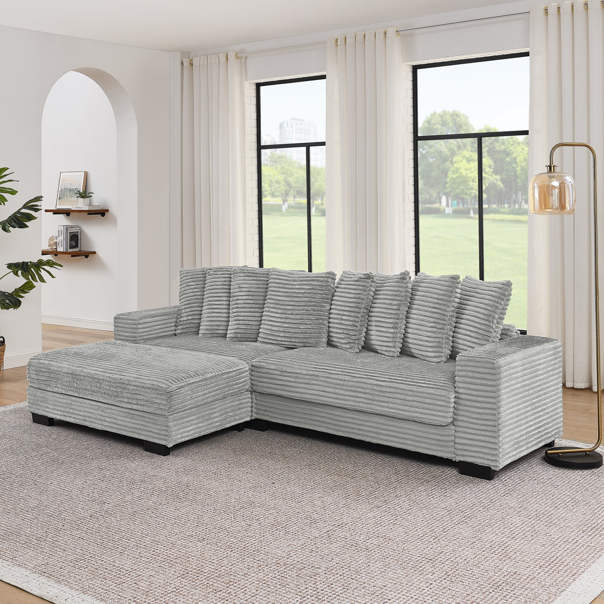 Corduroy Tufted Upholstered Sleeper Sectional Sofa, L-Shaped Modular Convertible Sofa , Can freely change the position of the footrests(Assembly is required)