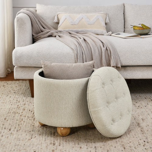 Round Storage Ottoman, multi-functional round flannel button Ottoman, lid can be turned over as a table top, with storage space