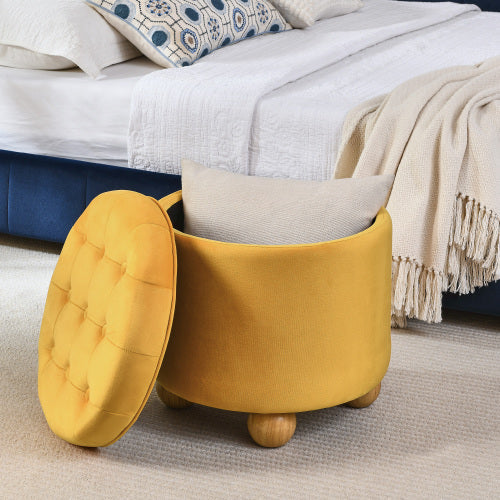 Round Storage Ottoman, multi-functional round flannel button Ottoman, lid can be turned over as a table top, with storage space