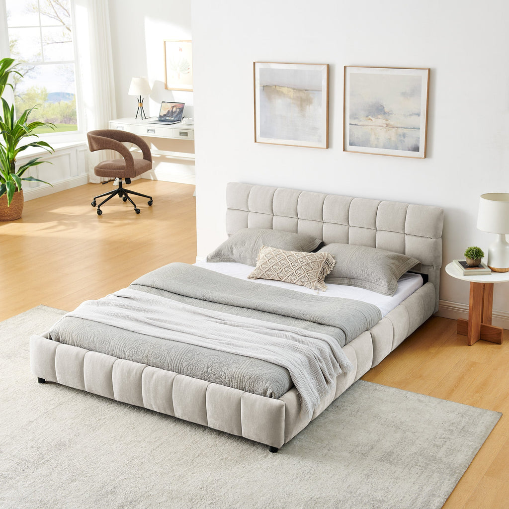 Queen Size Upholstered Bed ,comfortable upholstered bed frame, Chenille fabric, with headboard and solid bed frame. With drawer for storage