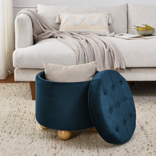 Round Storage Ottoman, multi-functional round flannel button Ottoman, lid can be turned over as a table top, with storage space