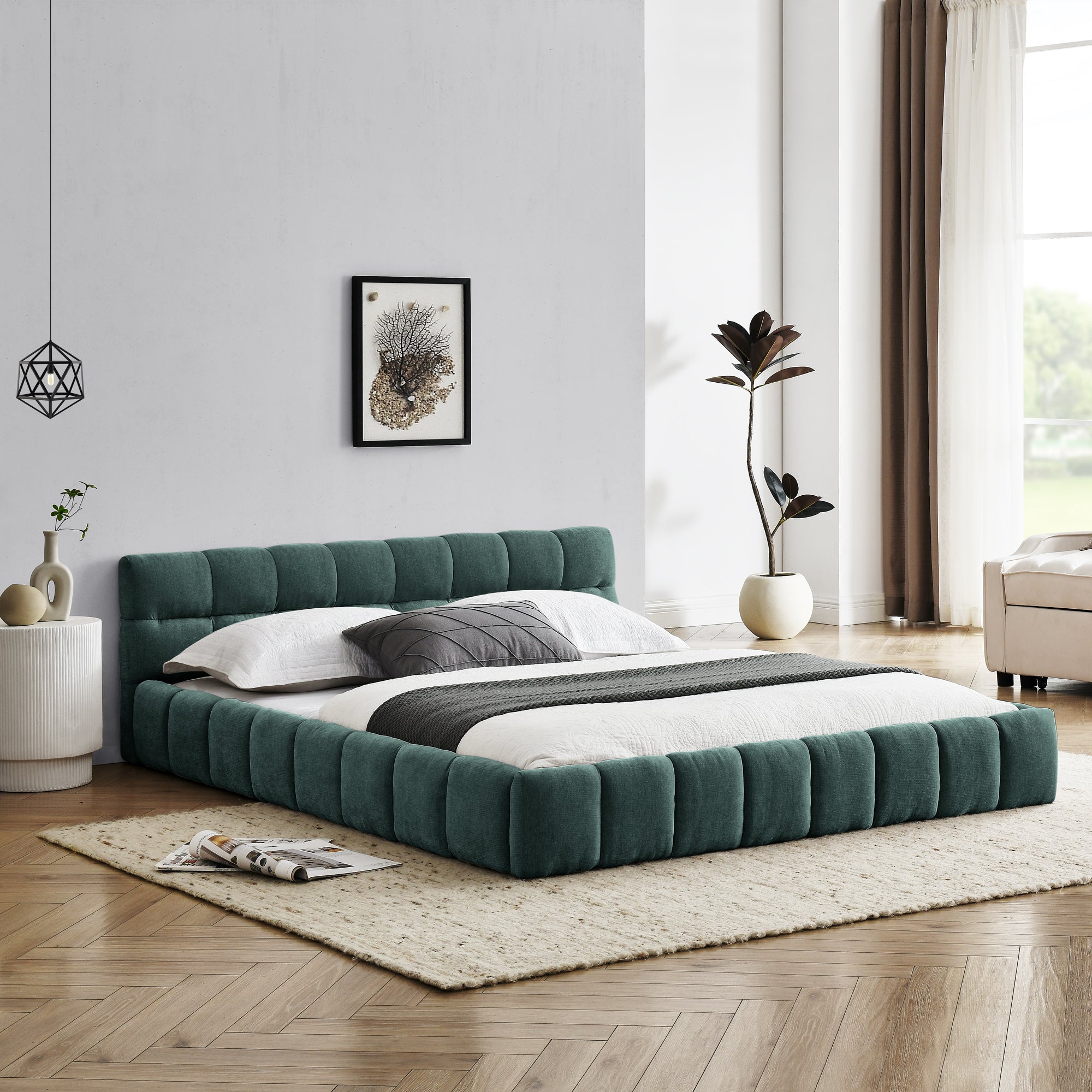 Queen Size Upholstered Bed Frame with Thick Fabric, Chenille Fabric Grounded Queen Size Platform Bed with Headboard and Solid Frame. No Box Spring Needed,(68''*86.5''*23.5'')