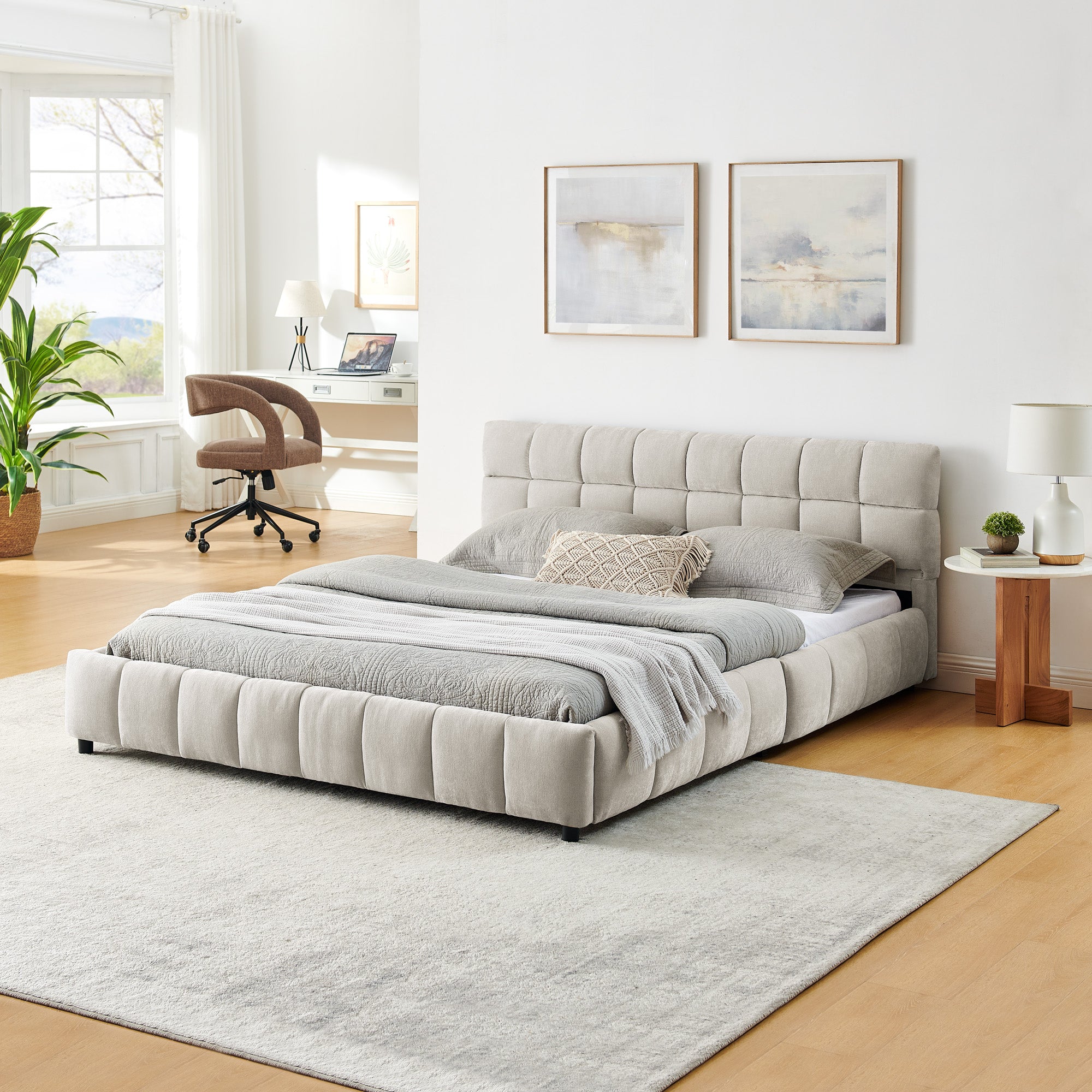Queen Size Upholstered Bed ,comfortable upholstered bed frame, Chenille fabric, with headboard and solid bed frame. With drawer for storage