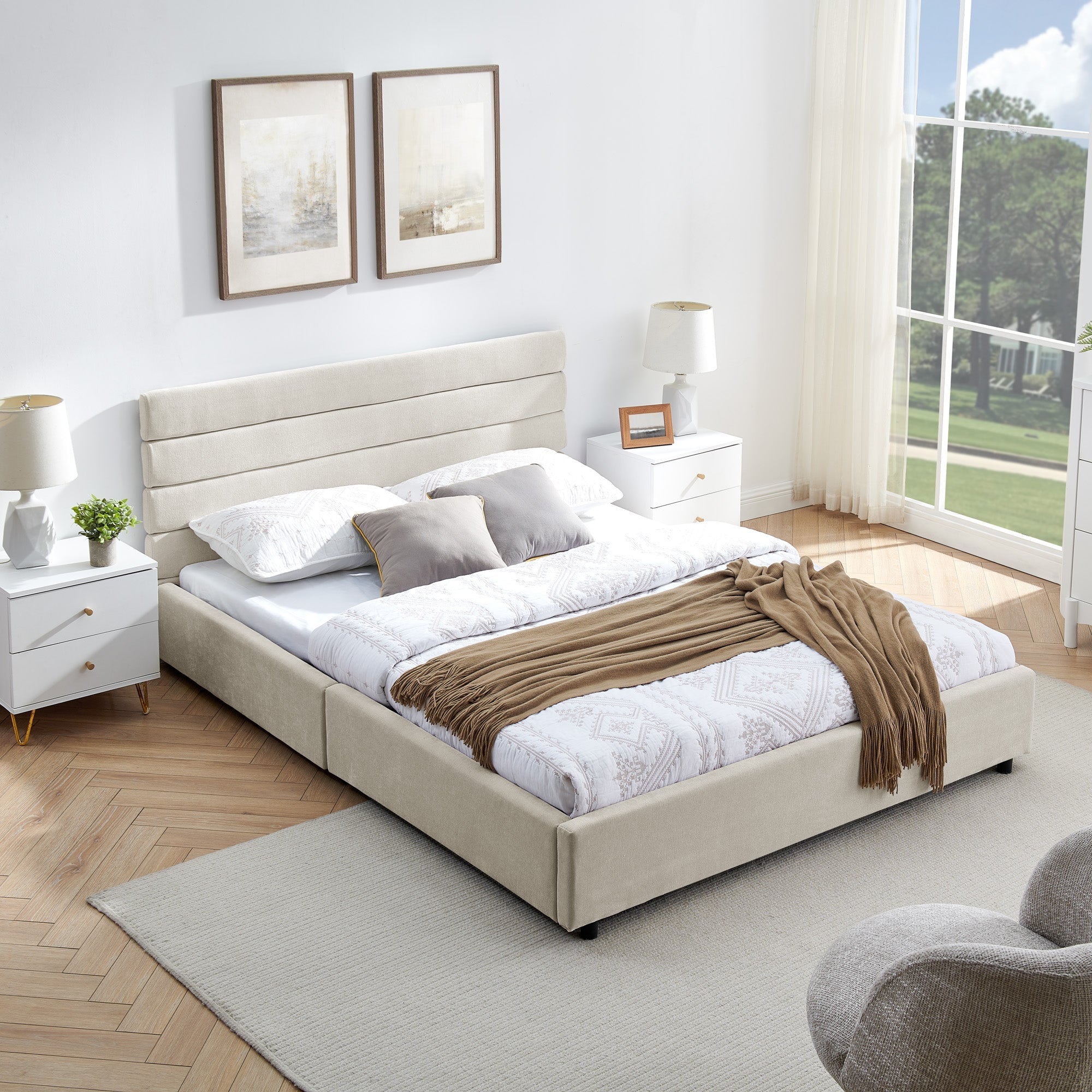 Queen size cushioned bed, comfortable cushioned bed frame, headboard and solid bed frame -  (85 "x 66" x 36 ")