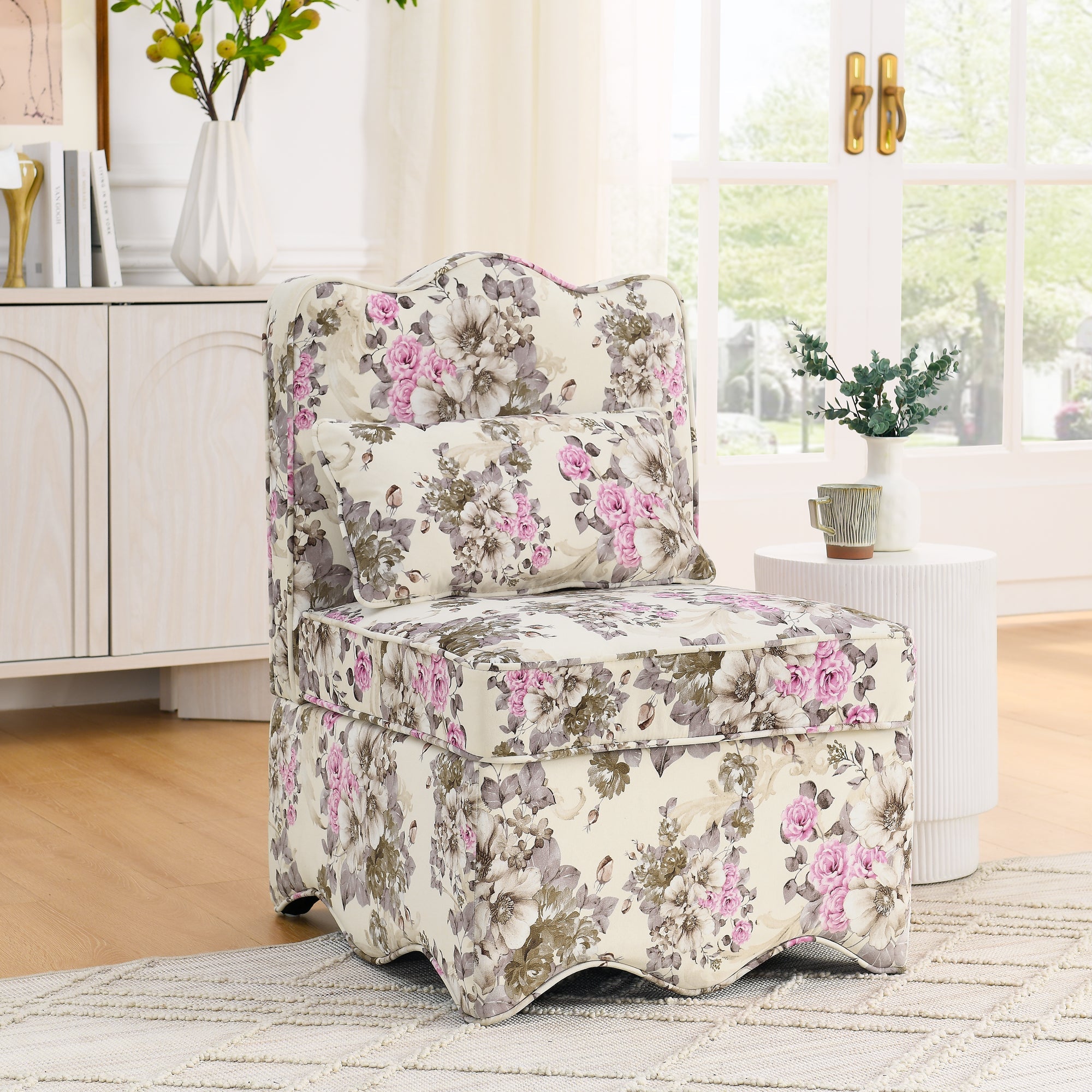 Flannel Single Dining Chair with Soft Cushion & Backrest, No Armrests, Matching Pillow for Waist Support, Ideal for Living Room