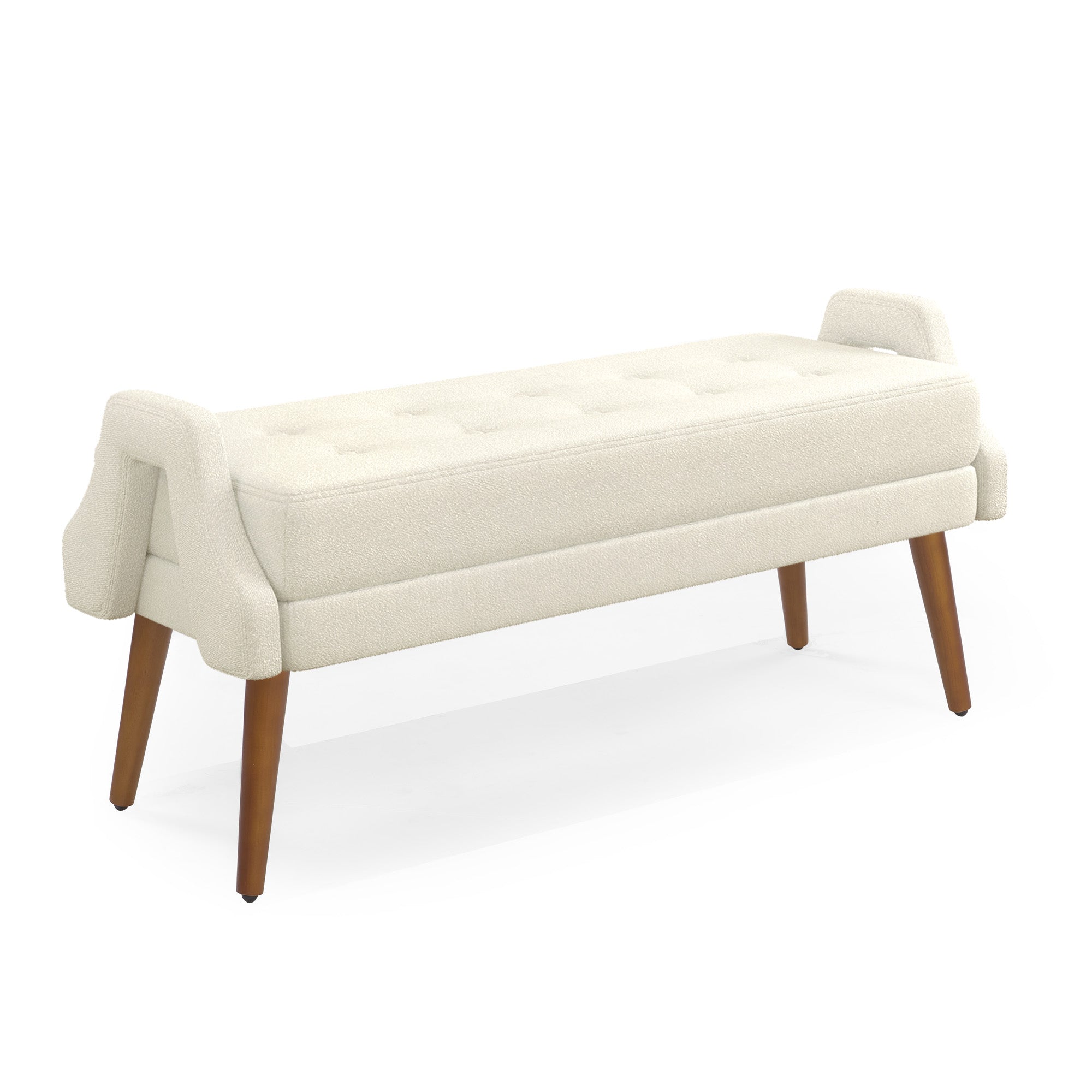 Modern Living Room Bench with Looped Yarn Fabric, Soft Cushion, Geometric Armrests & Rubber Wooden Legs, for Living Rooms, Bedrooms & Entrances