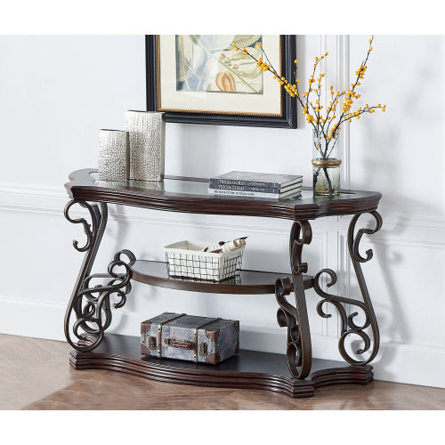 Modern Sofa Table with Elegant Glass Tabletop, MDF Middle Shelf Covered in Marble Paper, Sturdy Powder-Coated Metal Legs for Living Room
