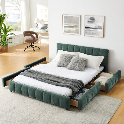 Queen Size Upholstered Bed ,comfortable upholstered bed frame, Chenille fabric, with headboard and solid bed frame. With drawer for storage