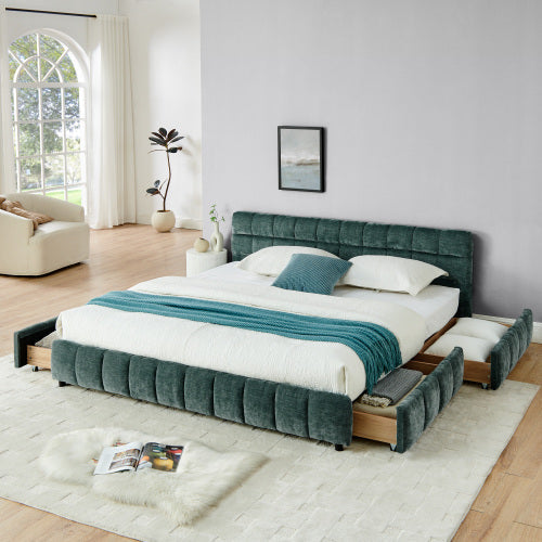 King Size Upholstered Bed ,comfortable upholstered bed frame, Chenille fabric, with headboard and solid bed frame. With drawer for storage.(88.5''*85.5''*31'')