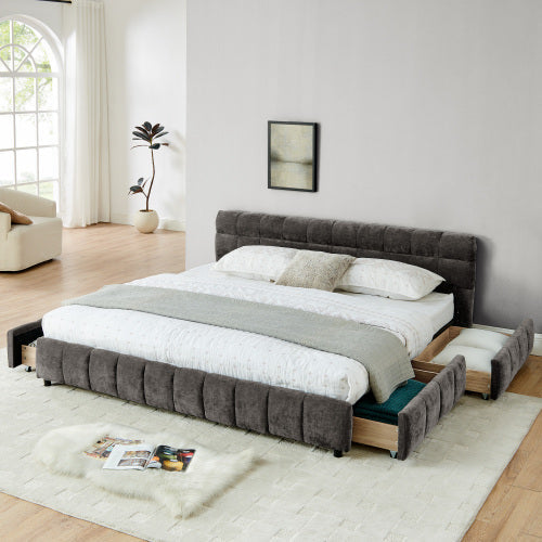 King Size Upholstered Bed ,comfortable upholstered bed frame, Chenille fabric, with headboard and solid bed frame. With drawer for storage.(88.5''*85.5''*31'')
