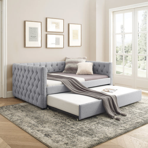 Daybed with Trundle, Upholstered Tufted Sofa Bed, Button & Copper Nail Detail on Square Arms, Twin Size, Beige (85"x42.5"x31.5")