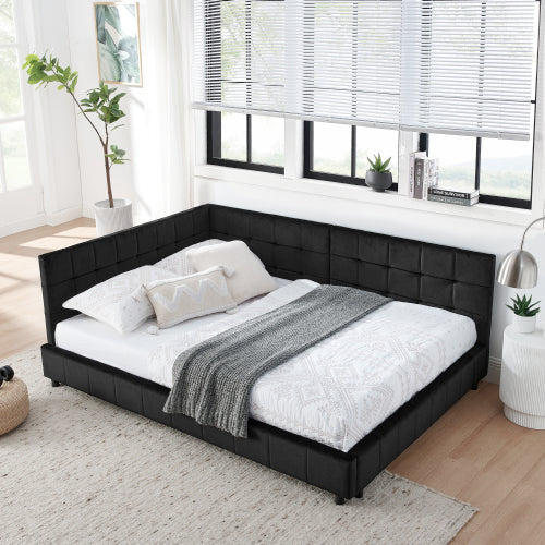 Full Size Upholstered Tufted Bed Frame with Sofa Backrest & Armrests, Velvet Full Bed for Bedroom & Living Room, Comfortable & Stylish Design