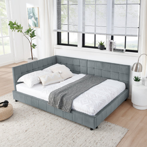 Full Size Upholstered Tufted Bed Frame with Sofa Backrest & Armrests, Velvet Full Bed for Bedroom & Living Room, Comfortable & Stylish Design