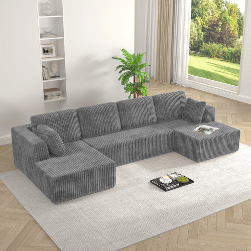Modern U-Shaped Modular Sofa, Compressed Corduroy Sectional Couch, Convertible Sleeper Sofa for Bedroom,Living Room,Comfortable