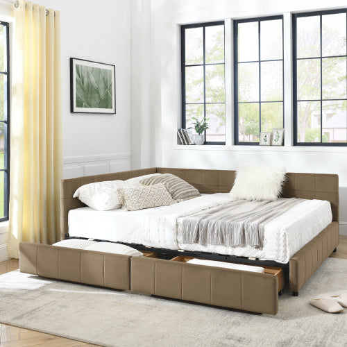 Queen Size Storage Upholstered Tufted Bed Frame with Sofa-Style Backrest & Armrests, Velvet Upholstery for Bedroom & Living Room