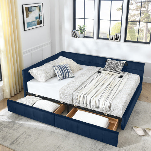 Queen Size Storage Upholstered Tufted Bed Frame with Sofa-Style Backrest & Armrests, Velvet Upholstery for Bedroom & Living Room