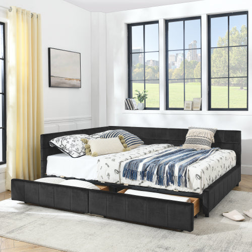 Queen Size Storage Upholstered Tufted Bed Frame with Sofa-Style Backrest & Armrests, Velvet Upholstery for Bedroom & Living Room