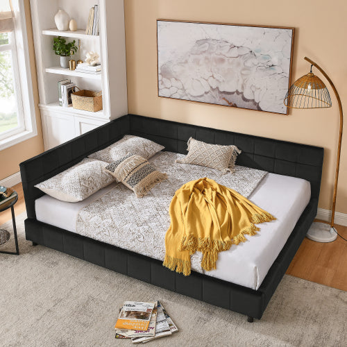 Queen Size Upholstered Tufted Bed Frame with Sofa Backrest & Armrests, Velvet Queen Bed for Bedroom & Living Room