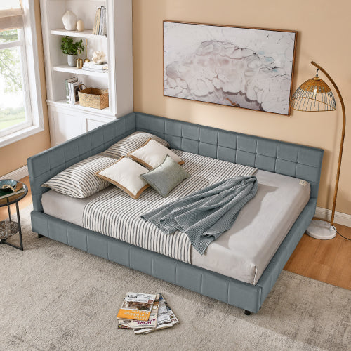 Queen Size Upholstered Tufted Bed Frame with Sofa Backrest & Armrests, Velvet Queen Bed for Bedroom & Living Room