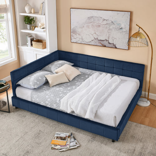 Queen Size Upholstered Tufted Bed Frame with Sofa Backrest & Armrests, Velvet Queen Bed for Bedroom & Living Room