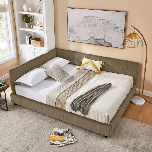 Queen Size Upholstered Tufted Bed Frame with Sofa Backrest & Armrests, Velvet Queen Bed for Bedroom & Living Room