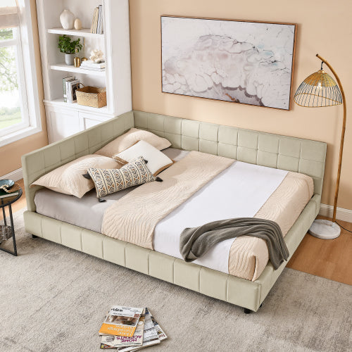 Queen Size Upholstered Tufted Bed Frame with Sofa Backrest & Armrests, Velvet Queen Bed for Bedroom & Living Room