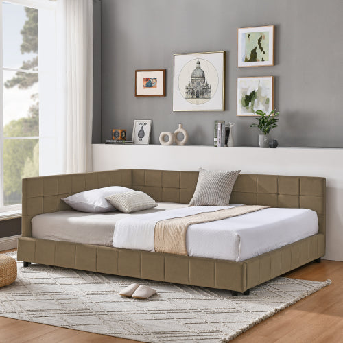 Full Size Upholstered Tufted Bed Frame with Sofa Backrest & Armrests, Velvet Full Bed for Bedroom & Living Room, Comfortable & Stylish Design