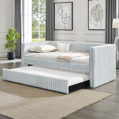 Twin Size Daybed, Upholstered sofa bed,The bottom pulls out to form a bed ,Plaid corduroy fabric(86"*43.5"*34")