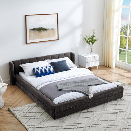 Queen Size Upholstered Bed Frame with Thick Fabric, Chenille Fabric Grounded Queen Size Platform Bed with Headboard and Solid Frame(87''*67''*23.5'')