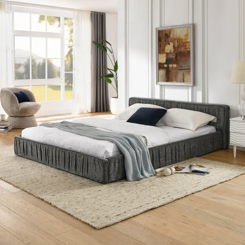 Queen Size Upholstered Bed Frame with Chenille fabric with pleated design,Grounded Queen Size Platform Bed with Headboard and Solid Frame. No Box Spring Needed(88"*67"*23.5")