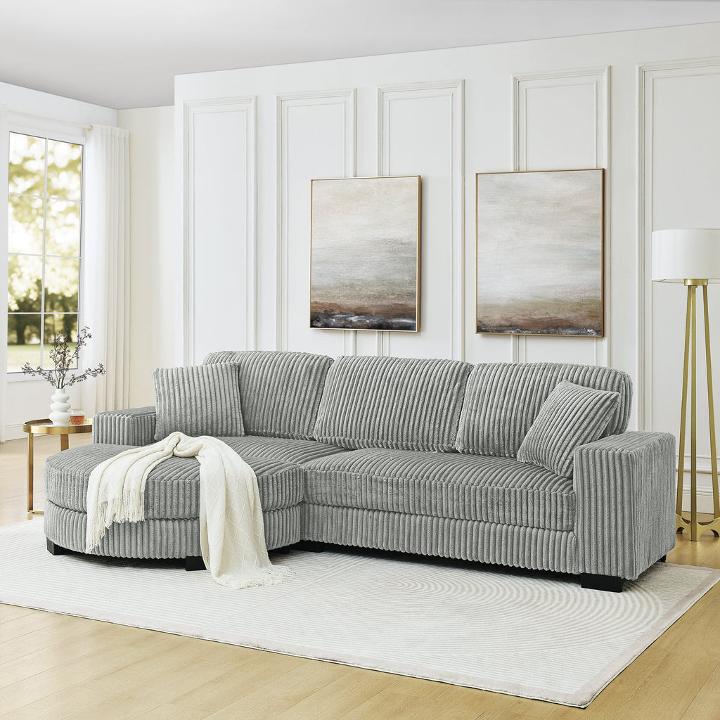 Corduroy Tufted Upholstered Sleeper Sectional Sofa, L-Shaped Modular Convertible Sofa , The arc-shaped footstool can be placed freely on the left