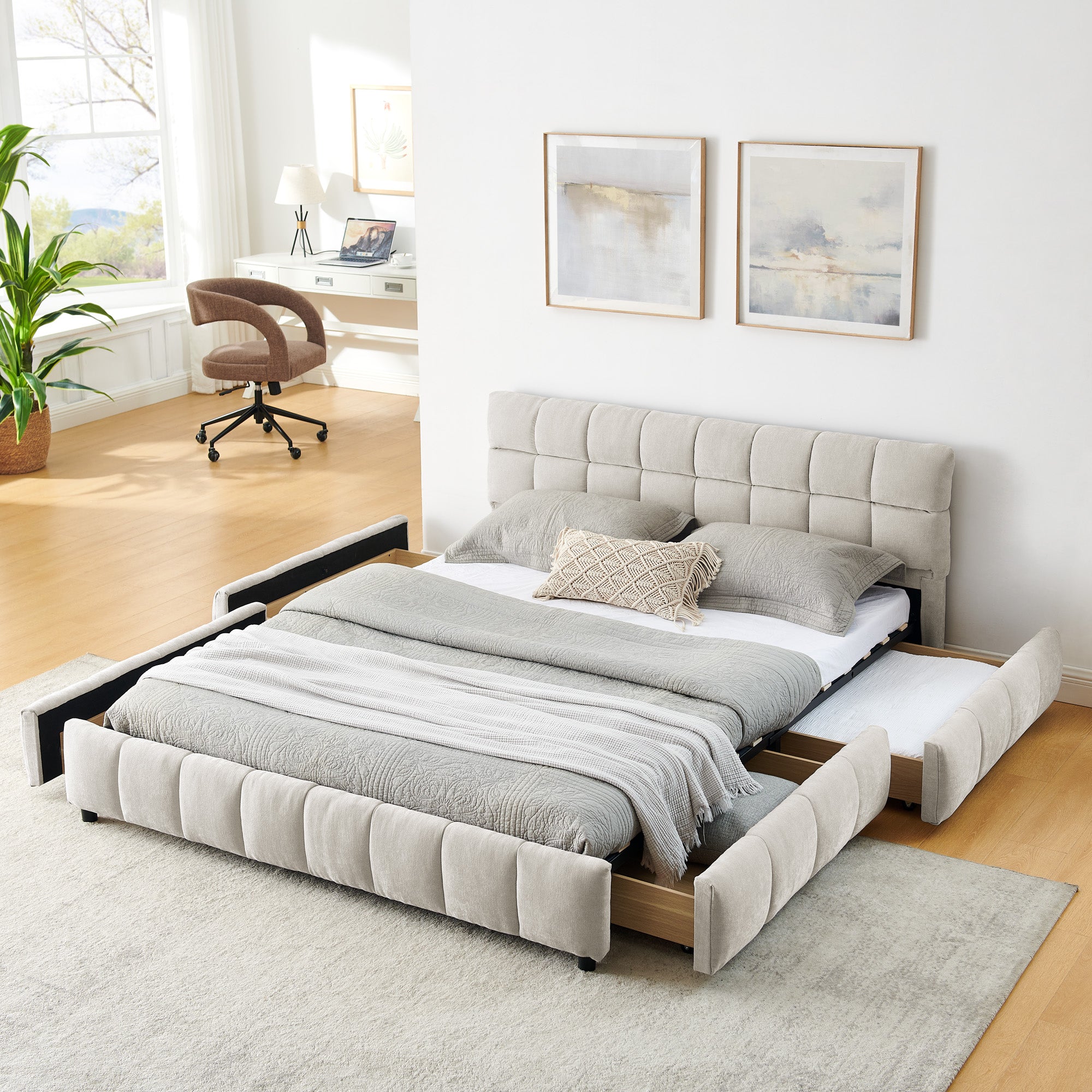 Queen Size Upholstered Bed ,comfortable upholstered bed frame, Chenille fabric, with headboard and solid bed frame. With drawer for storage