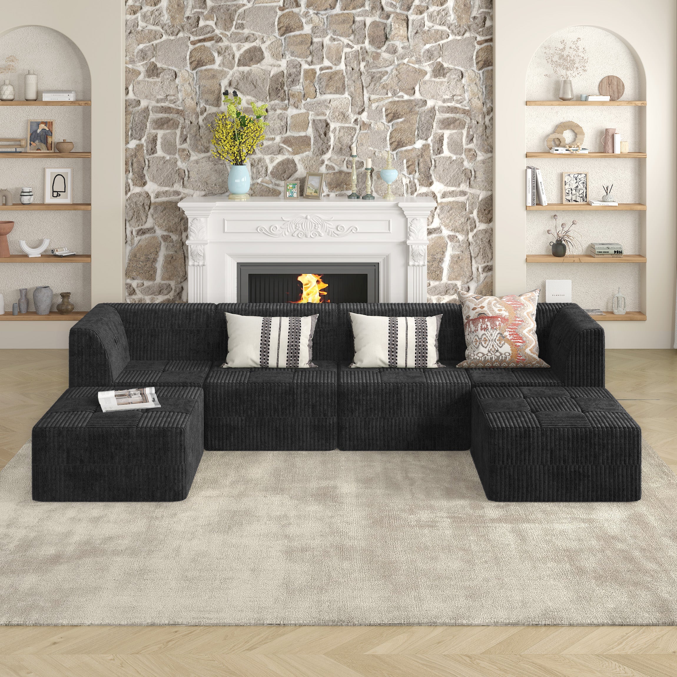 U-Shape Modular Sectional Sofa, Compressed Corduroy Couch in Modern Minimalist Style, Comfortable Sleeper Sofa for Living Room and Bedroom, Space-Efficient Design