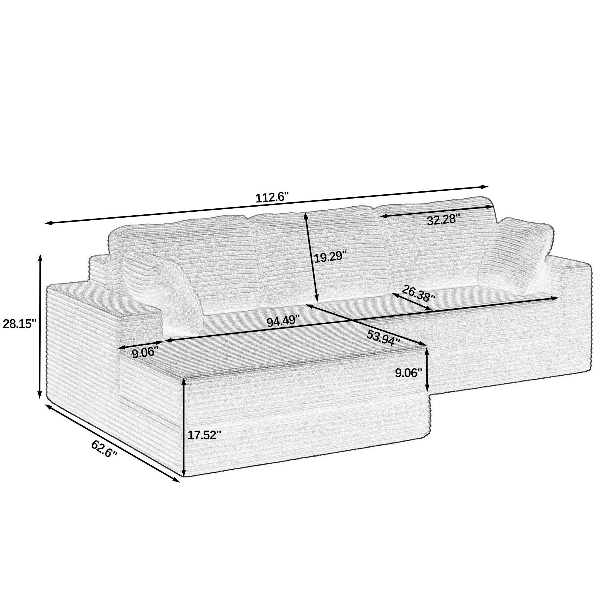Left Sofa Seat, L-Shape Modular Sectional Sofa, Compressed Corduroy Couch in Modern Minimalist Style, Unfolds into a Bed, Comfy and Space-Efficient for Bedroom