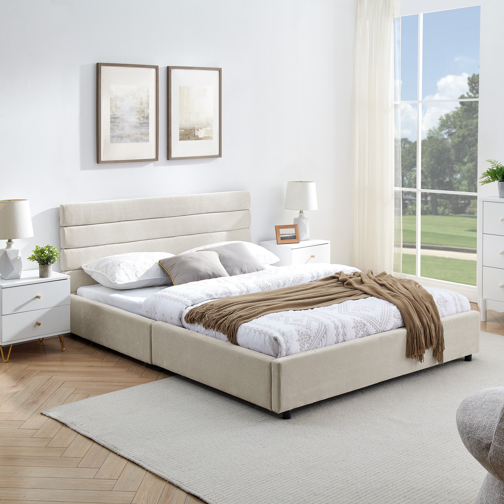 Queen size cushioned bed, comfortable cushioned bed frame, headboard and solid bed frame -  (85 "x 66" x 36 ")