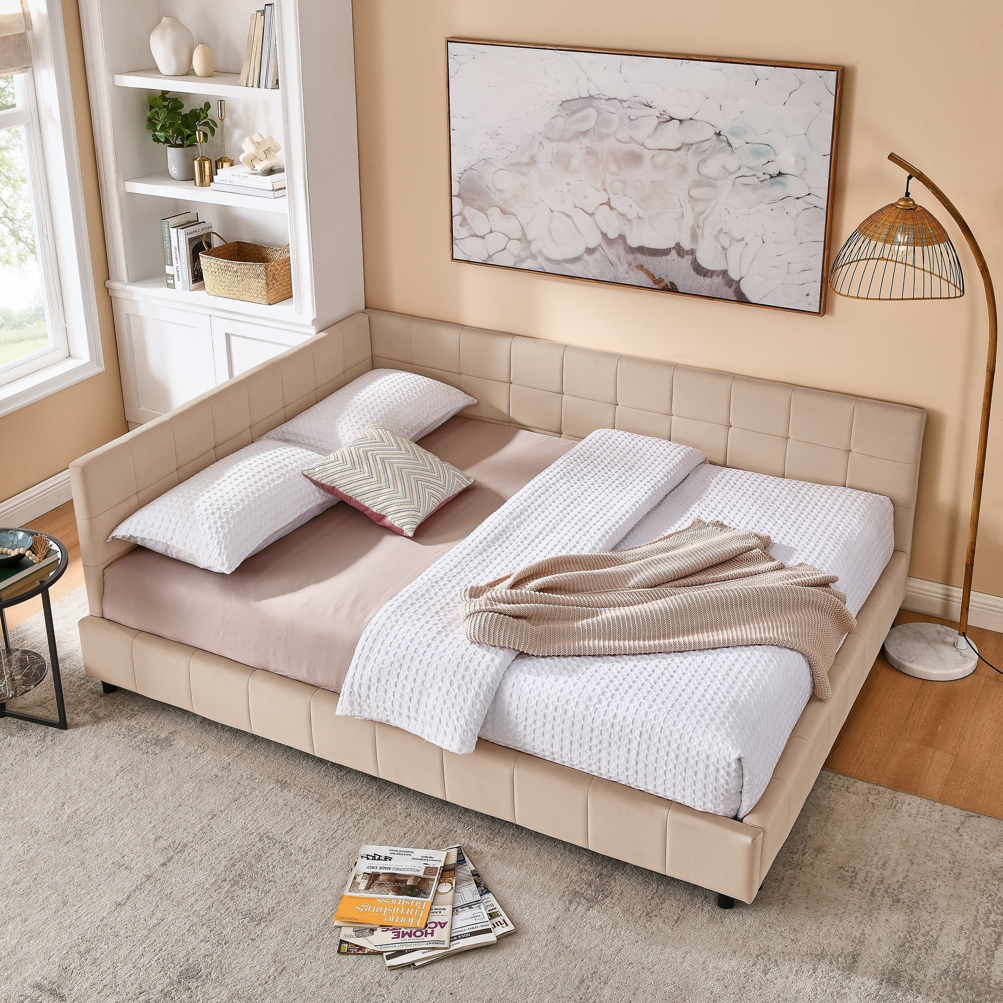 Queen Size Upholstered Tufted Bed Frame with Sofa Backrest & Armrests, Velvet Queen Bed for Bedroom & Living Room