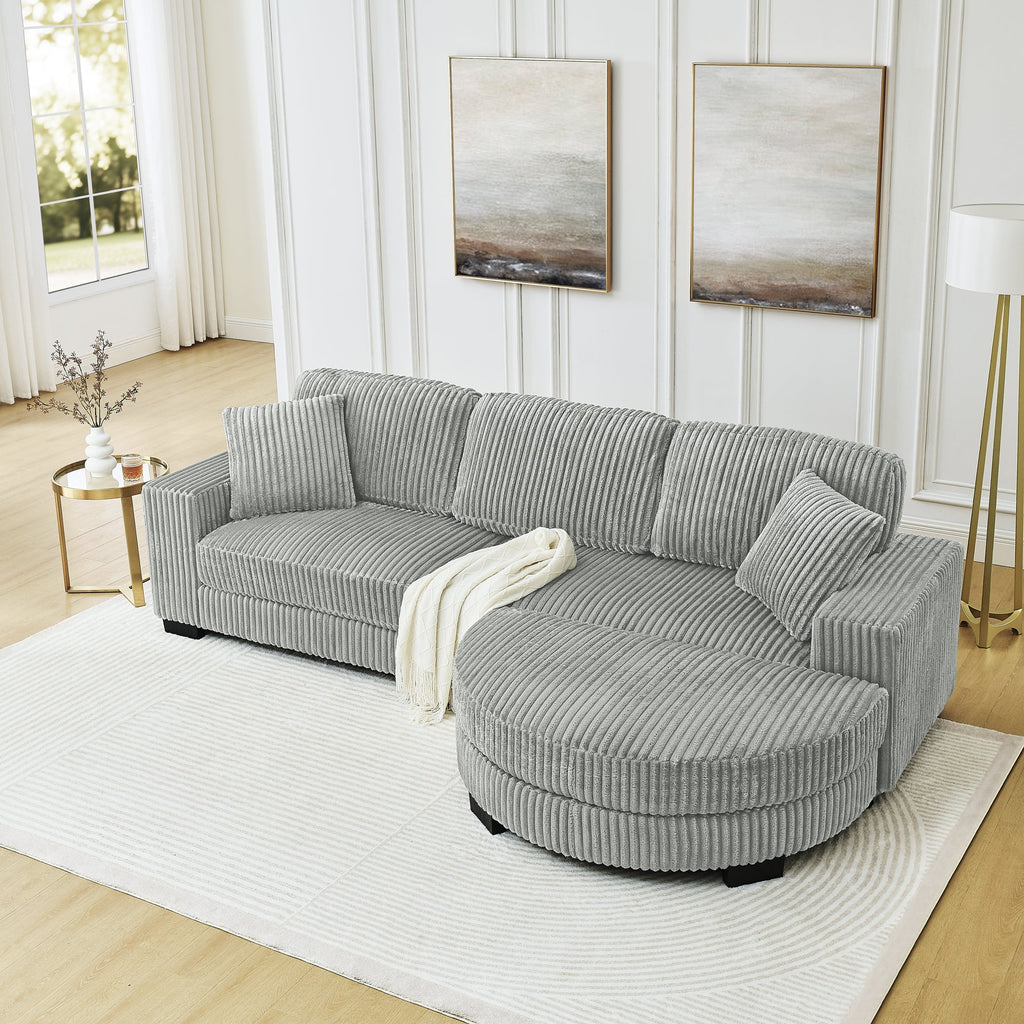 Corduroy Tufted Upholstered Sleeper Sectional Sofa, L-Shaped Modular Convertible Sofa , The arc-shaped footstool can be placed freely on the left