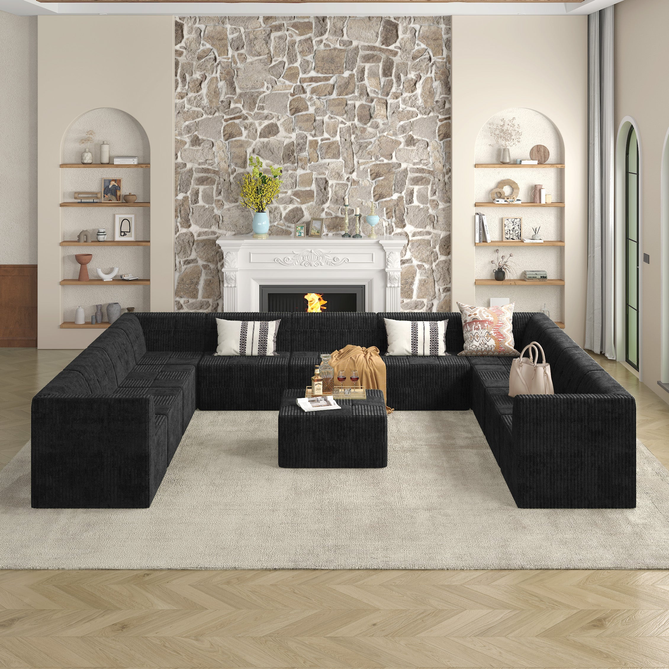 U-Shaped Modular Sectional Sofa, DIY Compressed Corduroy Couch, Modern Minimalist Sleeper Sofa for Living Room & Bedroom, Comfy & Space-Efficient