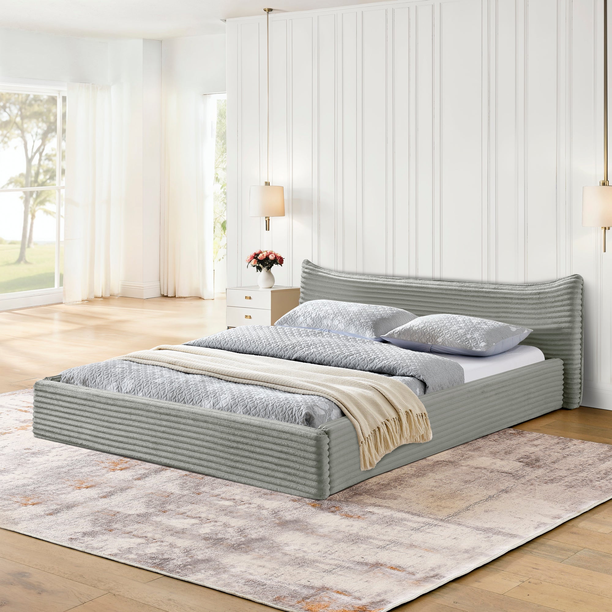 Queen Size Upholstered Bed FrameAnd velvet fabric,Grounded Platform Bed with Decorative Curved Headboard and Solid Wood Frame, No Box Spring Required(68''*87.75''*24.25'')