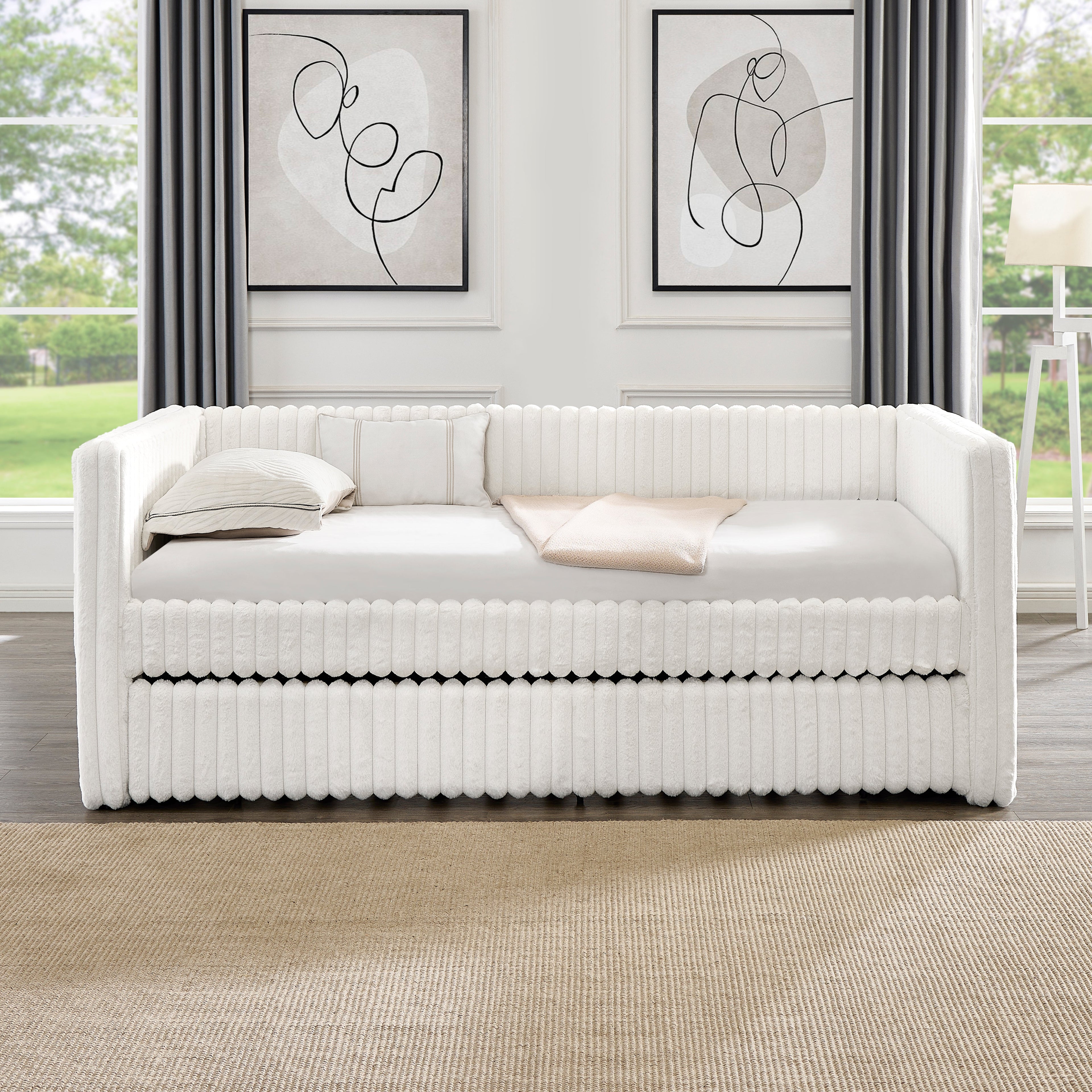 Twin Size Daybed, Upholstered sofa bed,The bottom pulls out to form a bed ,Plaid corduroy fabric(86"*43.5"*34")