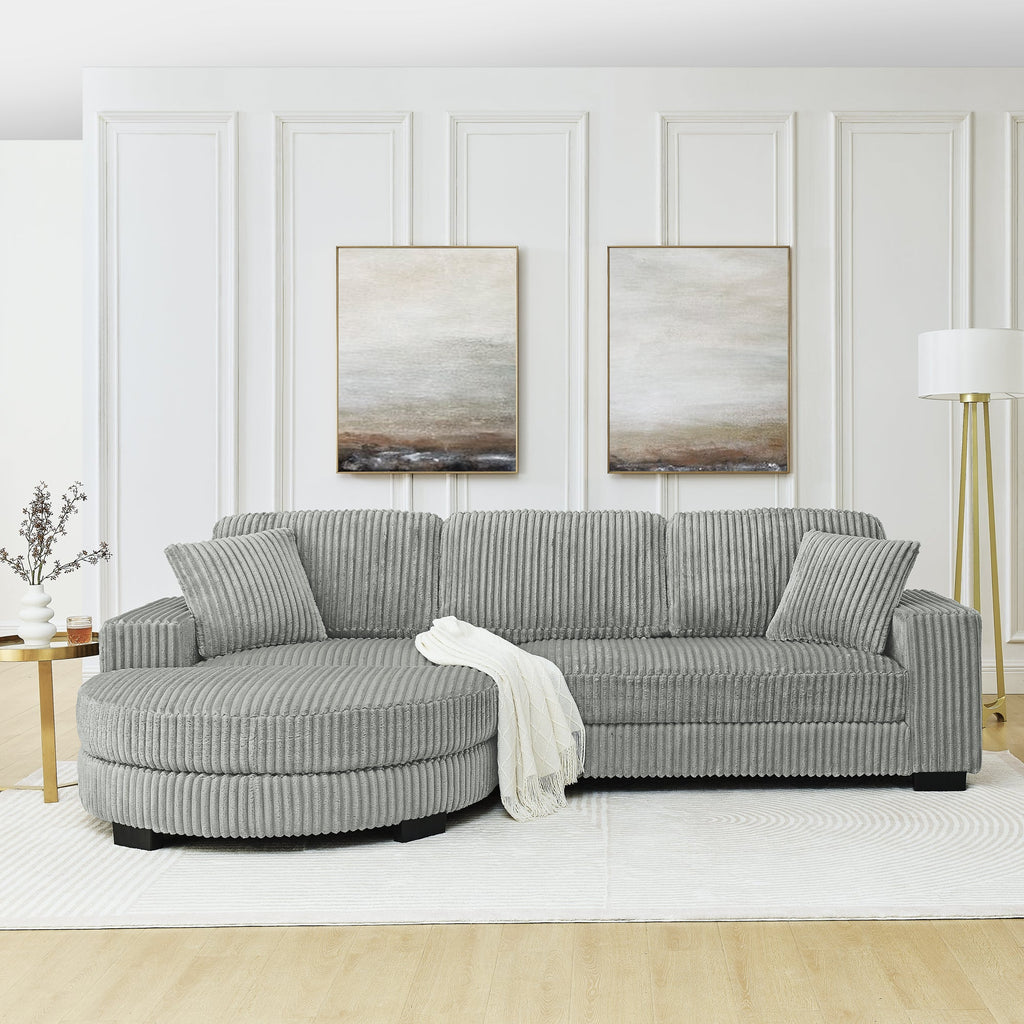 Corduroy Tufted Upholstered Sleeper Sectional Sofa, L-Shaped Modular Convertible Sofa , The arc-shaped footstool can be placed freely on the left