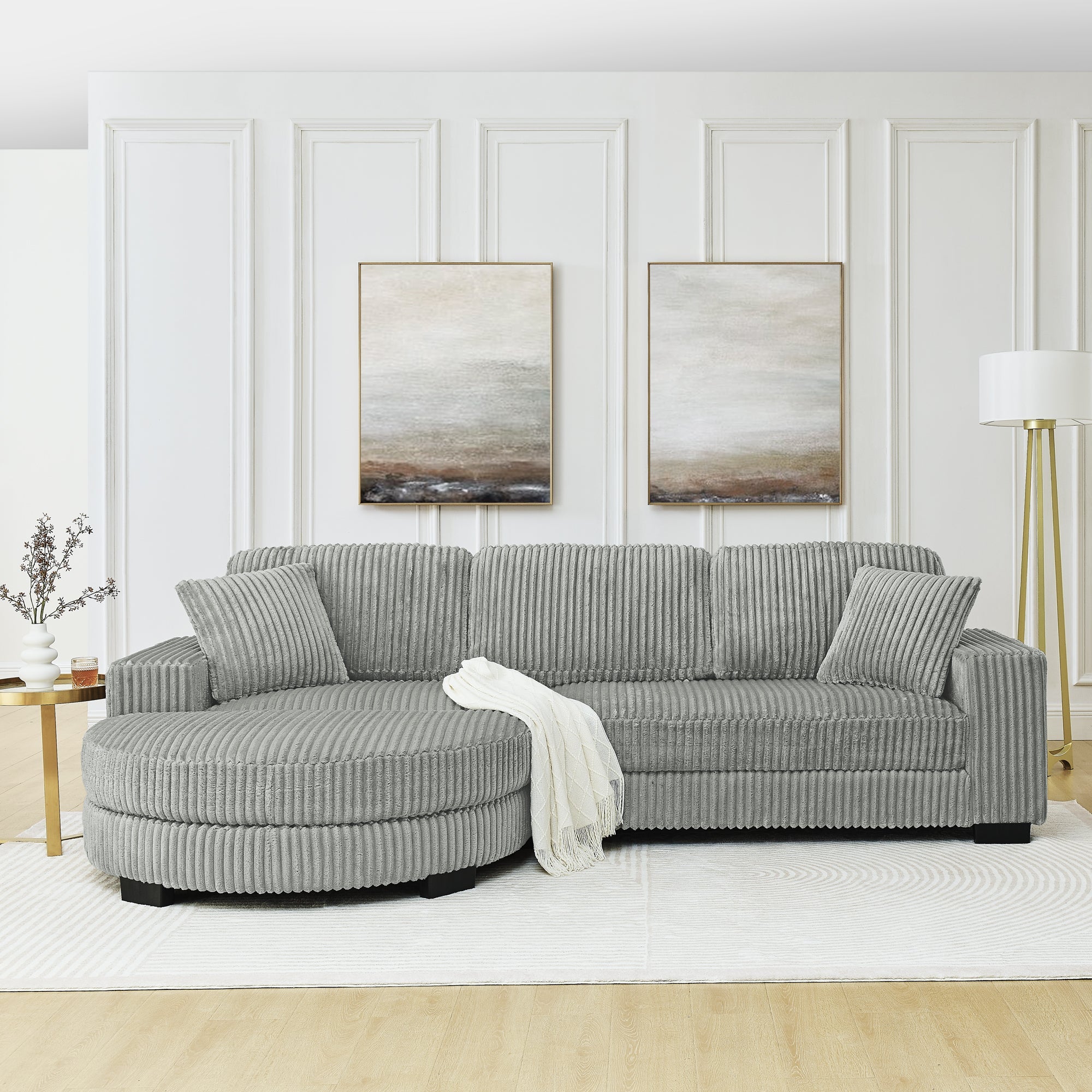 Corduroy Tufted Upholstered Sleeper Sectional Sofa, L-Shaped Modular Convertible Sofa , The arc-shaped footstool can be placed freely on the left