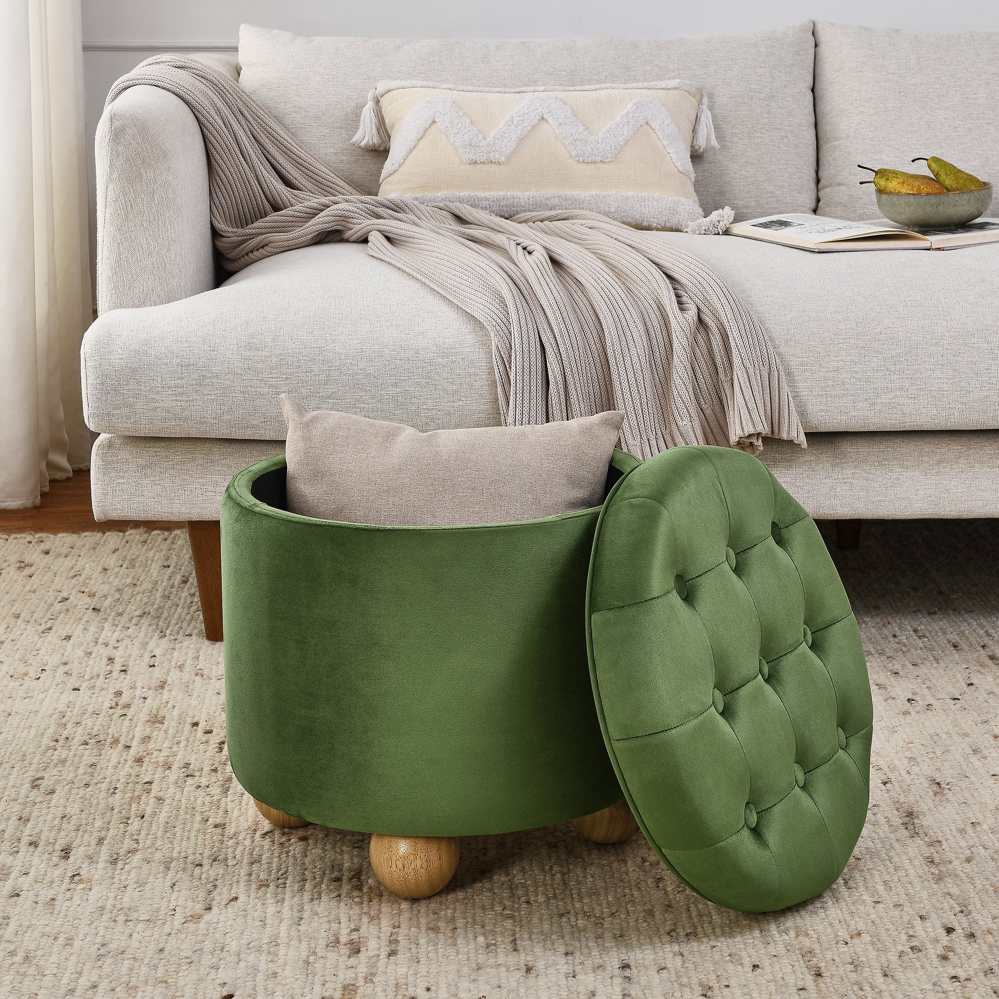 Round Storage Ottoman, multi-functional round flannel button Ottoman, lid can be turned over as a table top, with storage space