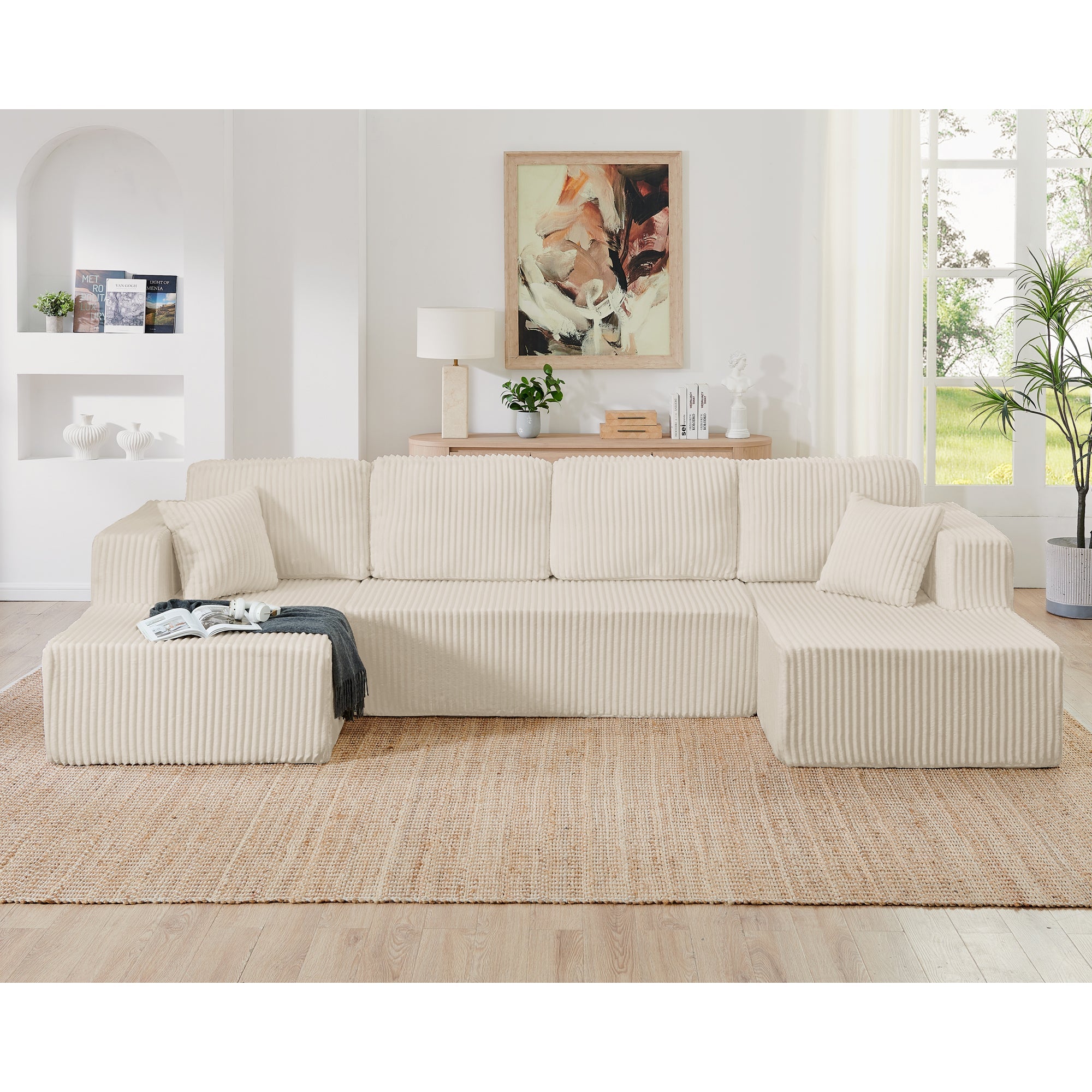 U shape Modular Sectional Sofa, Compressed Sectional Sofa Modern Minimalist Style Corduroy Couch, Sleeper Sofa for Living Room, Bedroom, Comfy Compressed Sofa Couch Space-Efficient Design-green