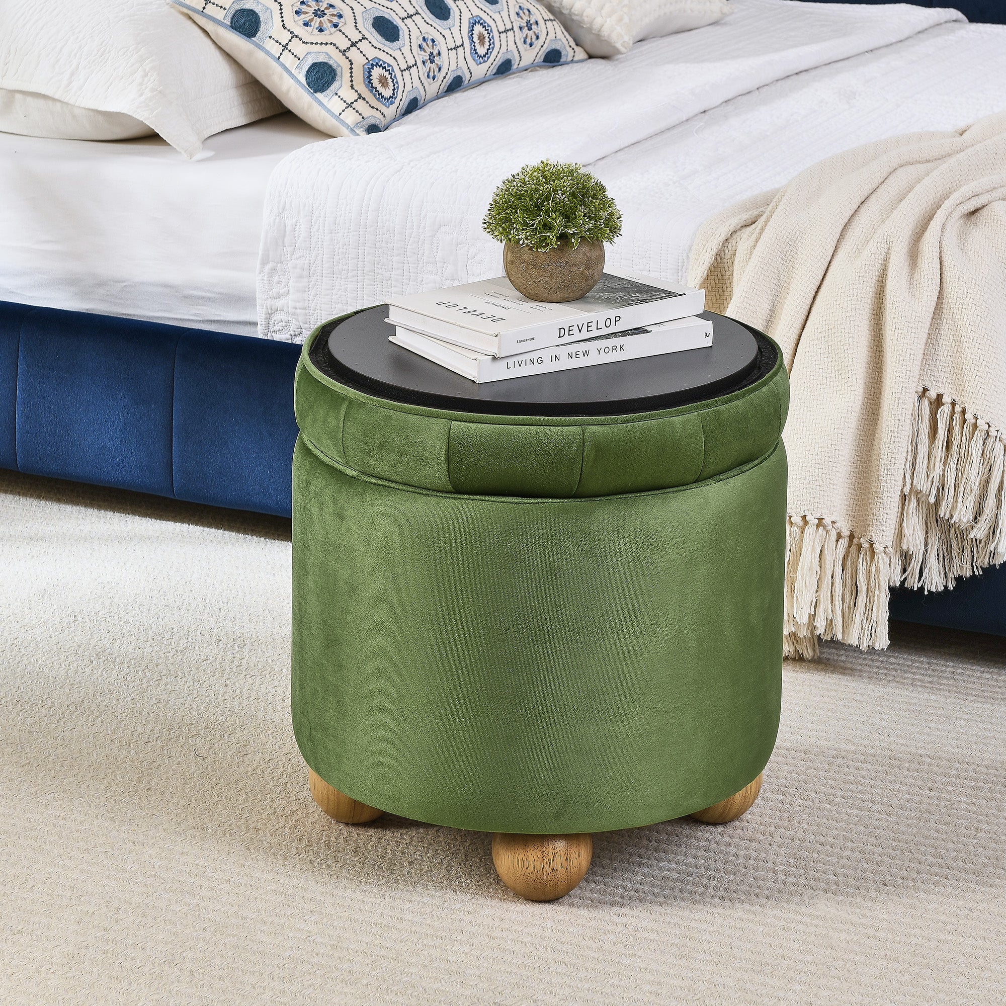 Round Storage Ottoman, multi-functional round flannel button Ottoman, lid can be turned over as a table top, with storage space
