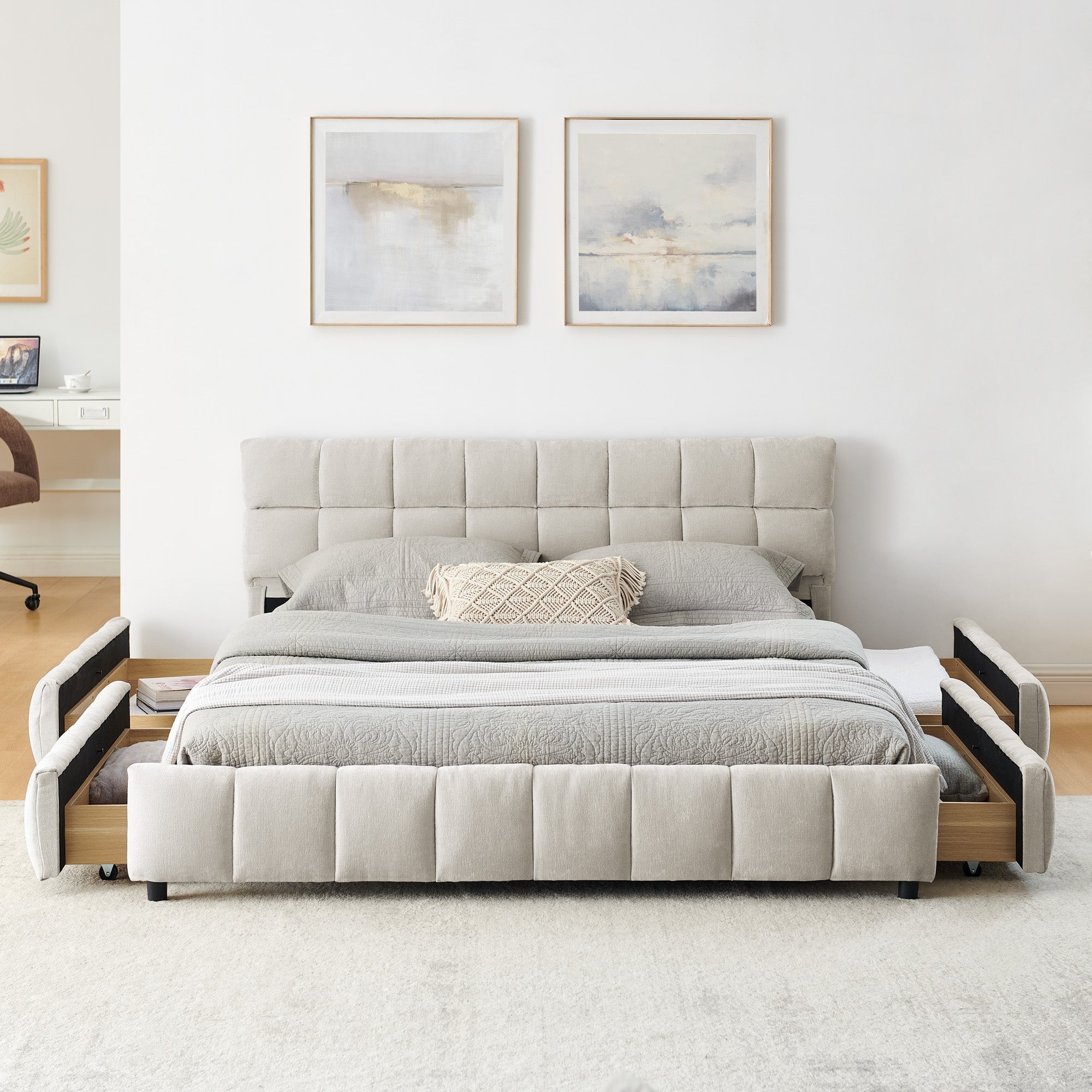 Queen Size Upholstered Bed ,comfortable upholstered bed frame, Chenille fabric, with headboard and solid bed frame. With drawer for storage