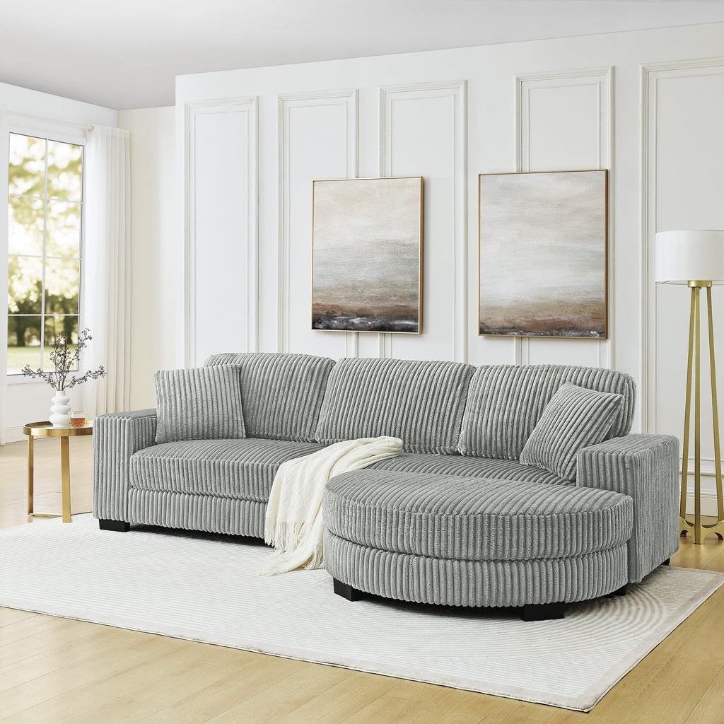 Corduroy Tufted Upholstered Sleeper Sectional Sofa, L-Shaped Modular Convertible Sofa , The arc-shaped footstool can be placed freely on the left